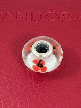 Pandora Red Poppy Murano Glass Charm Bead with box
